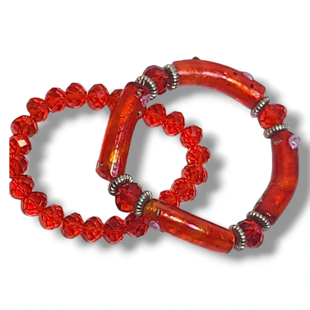 Red‎ Lampwork Glass & Crystal Beads Stretch Bracelet Stack of 2